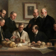 Group portrait of examination of the Piltdown skull by John Cook, 1915. Public domain. Back row (from left): F. O. Barlow, G. Elliot Smith, Charles Dawson, Arthur Smith Woodward. Front row: A S Underwood, Arthur Keith, W. P. Pycraft, and Ray Lankester.